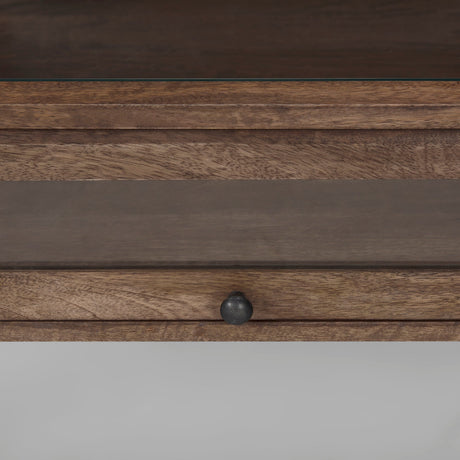 Arelius Rectangular Glass-Top Medium Brown Wood w/ Black Metal Base Display Coffee Table by Mercana at Eve Furniture