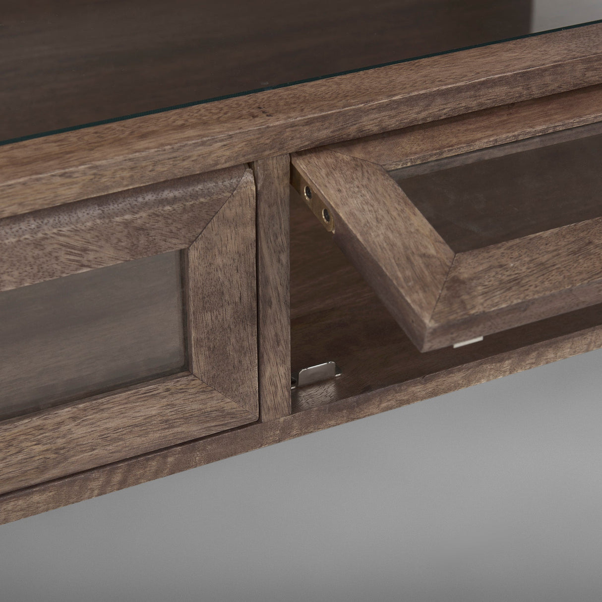 Arelius Rectangular Glass-Top Medium Brown Wood w/ Black Metal Base Display Coffee Table by Mercana at Eve Furniture