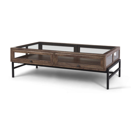 Arelius Rectangular Glass-Top Medium Brown Wood w/ Black Metal Base Display Coffee Table by Mercana at Eve Furniture