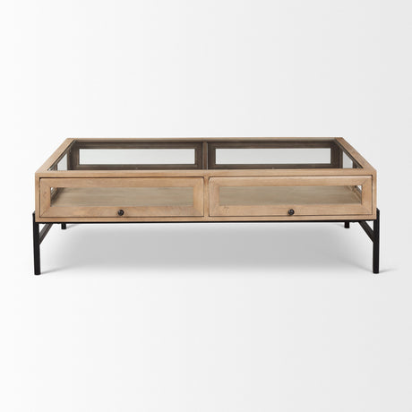 Arelius Rectangular Light Brown Wood w/ Black Metal Base Display Coffee Table by Mercana at Eve Furniture
