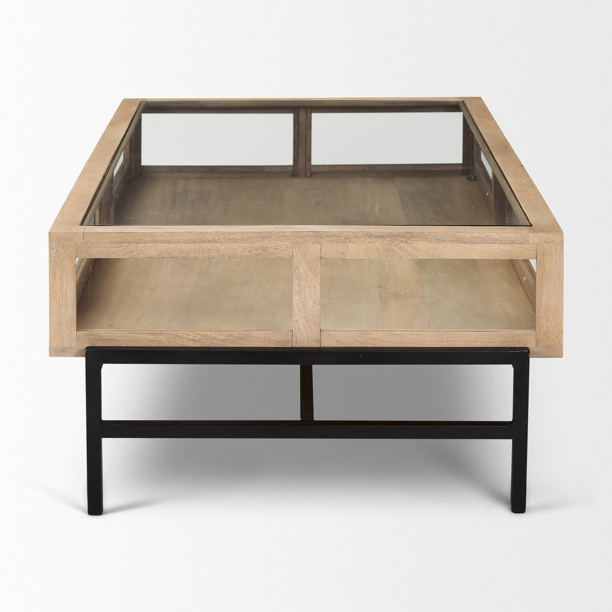 Arelius Rectangular Light Brown Wood w/ Black Metal Base Display Coffee Table by Mercana at Eve Furniture