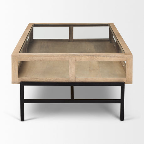 Arelius Rectangular Light Brown Wood w/ Black Metal Base Display Coffee Table by Mercana at Eve Furniture
