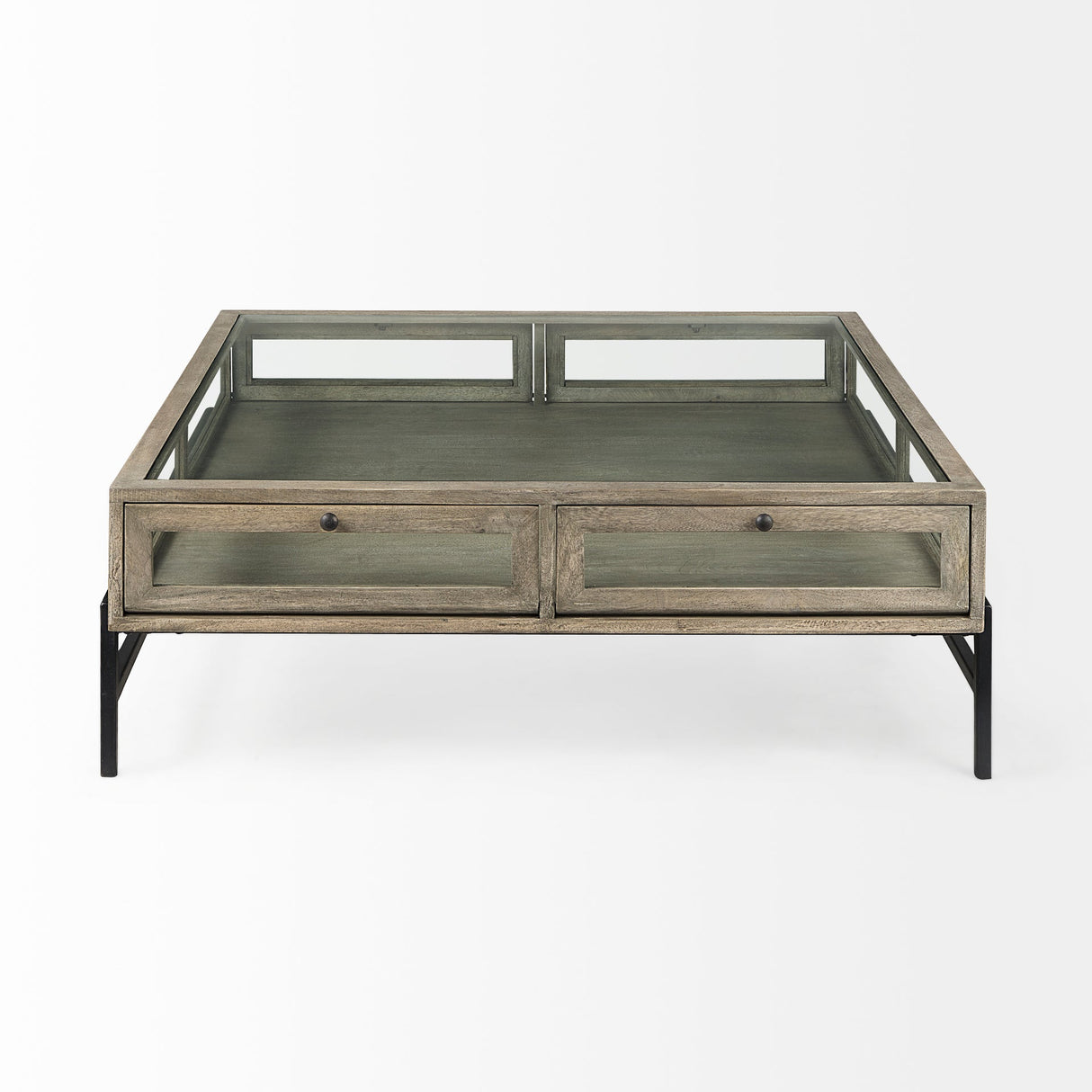 Arelius Square Glass-Top Gray Wood w/ Black Metal Base Display Coffee Table by Mercana at Eve Furniture