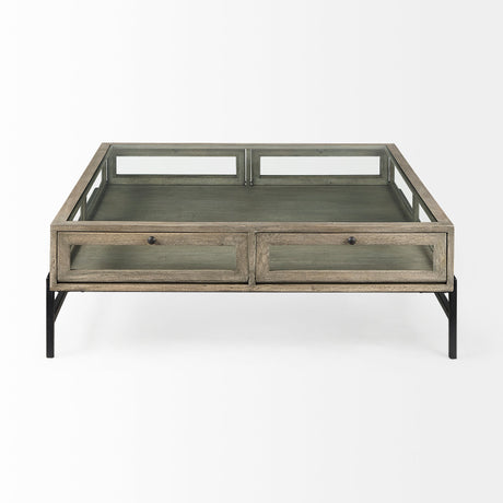 Arelius Square Glass-Top Gray Wood w/ Black Metal Base Display Coffee Table by Mercana at Eve Furniture