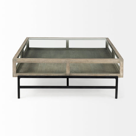 Arelius Square Glass-Top Gray Wood w/ Black Metal Base Display Coffee Table by Mercana at Eve Furniture