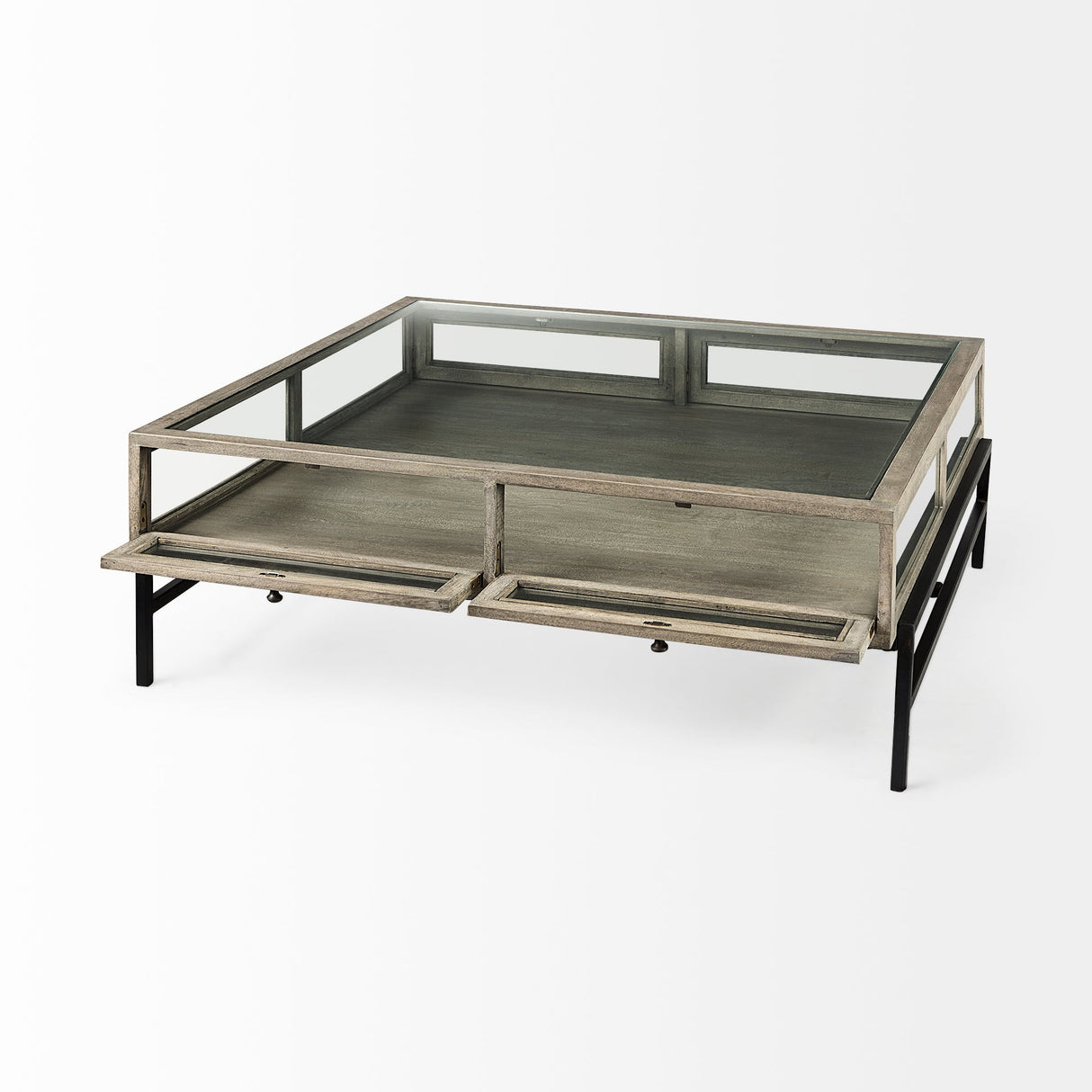 Arelius Square Glass-Top Gray Wood w/ Black Metal Base Display Coffee Table by Mercana at Eve Furniture