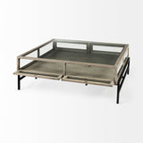 Arelius Square Glass-Top Gray Wood w/ Black Metal Base Display Coffee Table by Mercana at Eve Furniture