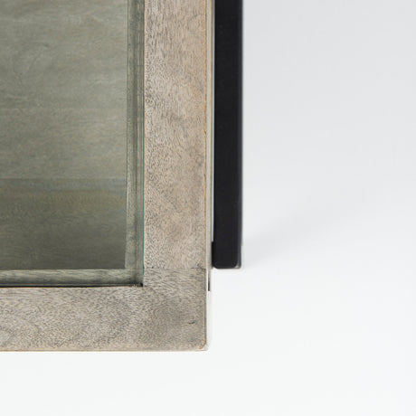 Arelius Square Glass-Top Gray Wood w/ Black Metal Base Display Coffee Table by Mercana at Eve Furniture