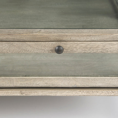 Arelius Square Glass-Top Gray Wood w/ Black Metal Base Display Coffee Table by Mercana at Eve Furniture