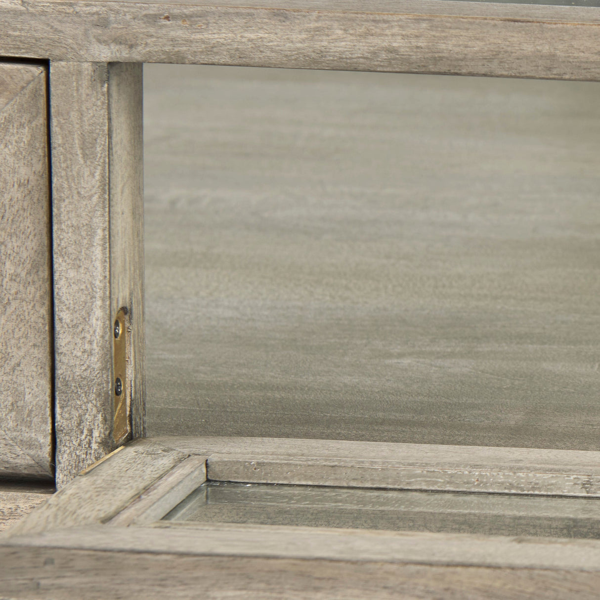Arelius Square Glass-Top Gray Wood w/ Black Metal Base Display Coffee Table by Mercana at Eve Furniture