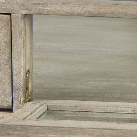 Arelius Square Glass-Top Gray Wood w/ Black Metal Base Display Coffee Table by Mercana at Eve Furniture
