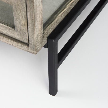 Arelius Square Glass-Top Gray Wood w/ Black Metal Base Display Coffee Table by Mercana at Eve Furniture