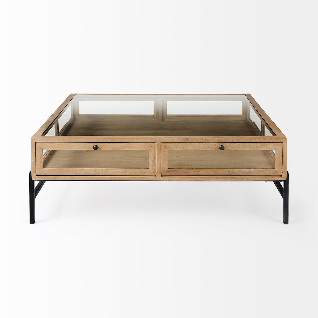 Arelius Square Glass-Top Light Brown w/ Black Metal Base Display Coffee Table by Mercana at Eve Furniture