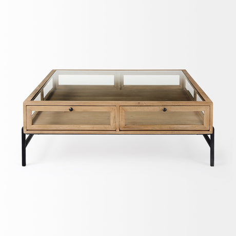 Arelius Square Glass-Top Light Brown w/ Black Metal Base Display Coffee Table by Mercana at Eve Furniture