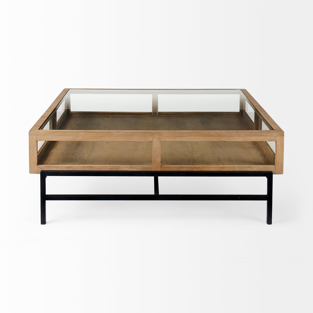 Arelius Square Glass-Top Light Brown w/ Black Metal Base Display Coffee Table by Mercana at Eve Furniture