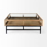 Arelius Square Glass-Top Light Brown w/ Black Metal Base Display Coffee Table by Mercana at Eve Furniture
