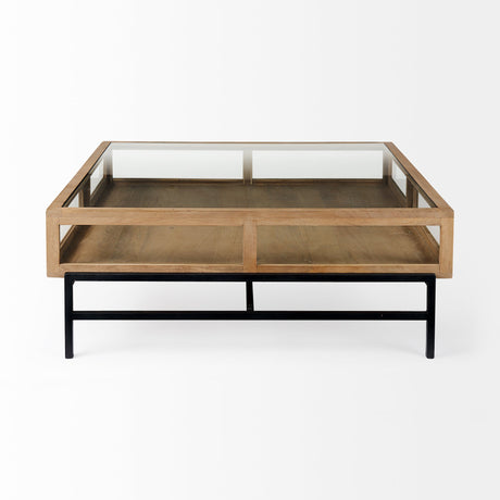 Arelius Square Glass-Top Light Brown w/ Black Metal Base Display Coffee Table by Mercana at Eve Furniture