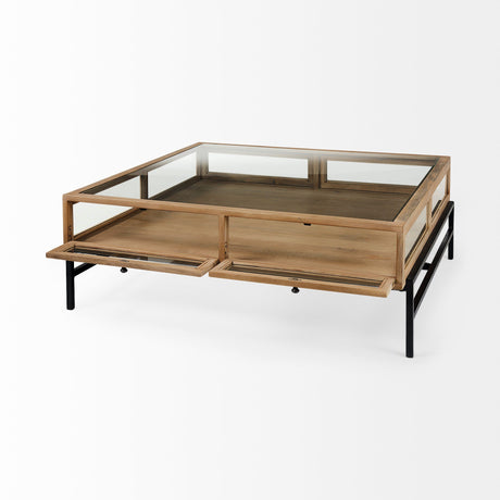 Arelius Square Glass-Top Light Brown w/ Black Metal Base Display Coffee Table by Mercana at Eve Furniture