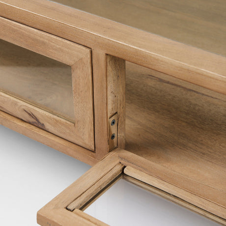 Arelius Square Glass-Top Light Brown w/ Black Metal Base Display Coffee Table by Mercana at Eve Furniture
