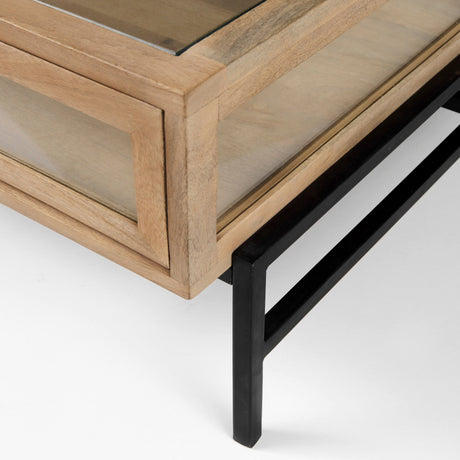 Arelius Square Glass-Top Light Brown w/ Black Metal Base Display Coffee Table by Mercana at Eve Furniture