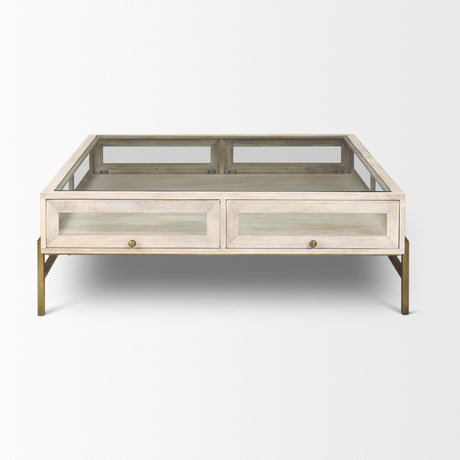 Arelius Square Glass-Top White Wood w/ Gold Metal Base Display Coffee Table by Mercana at Eve Furniture