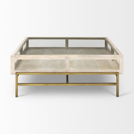 Arelius Square Glass-Top White Wood w/ Gold Metal Base Display Coffee Table by Mercana at Eve Furniture