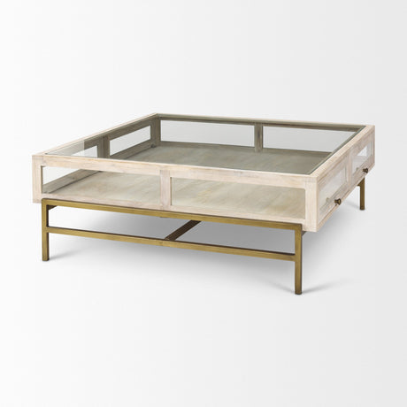 Arelius Square Glass-Top White Wood w/ Gold Metal Base Display Coffee Table by Mercana at Eve Furniture