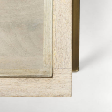 Arelius Square Glass-Top White Wood w/ Gold Metal Base Display Coffee Table by Mercana at Eve Furniture
