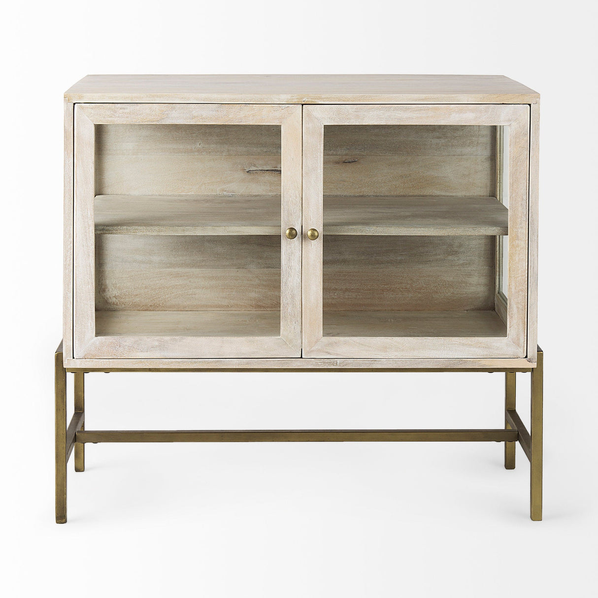 Arelius White Wood, Gold Metal Base w/ 2 Glass Doors Accent Cabinet by Mercana at Eve Furniture