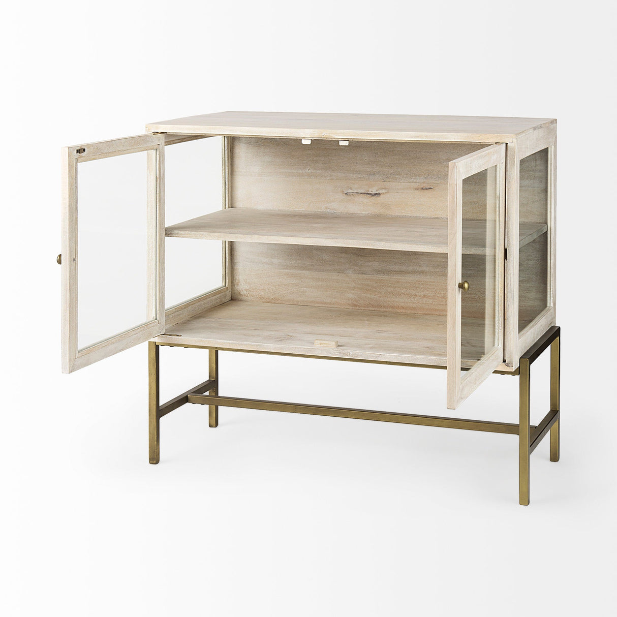 Arelius White Wood, Gold Metal Base w/ 2 Glass Doors Accent Cabinet by Mercana at Eve Furniture