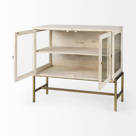 Arelius White Wood, Gold Metal Base w/ 2 Glass Doors Accent Cabinet by Mercana at Eve Furniture