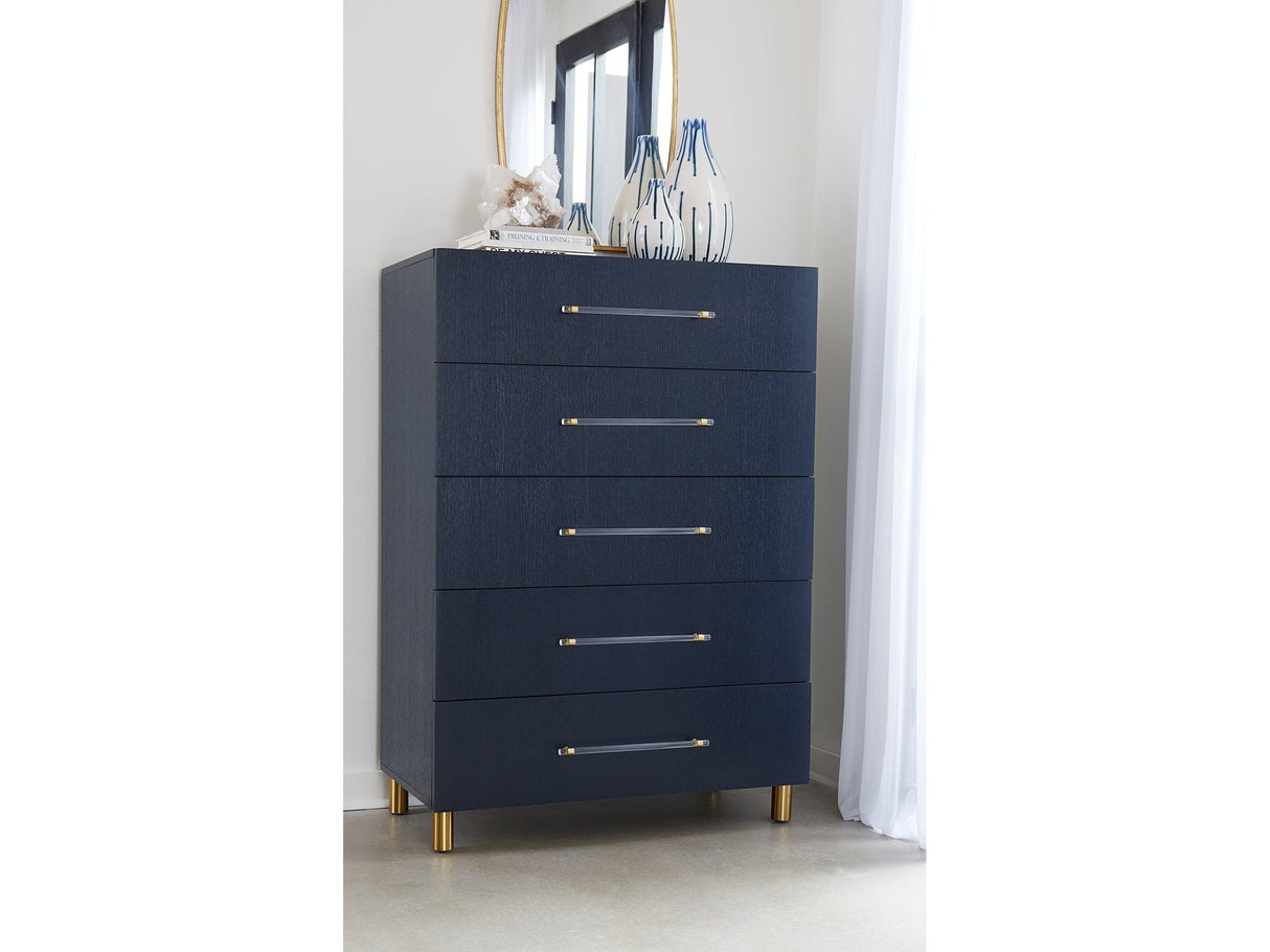 Argento Five Drawer Chest in Navy Blue and Burnished Brass by Modus Furniture at Eve Furniture