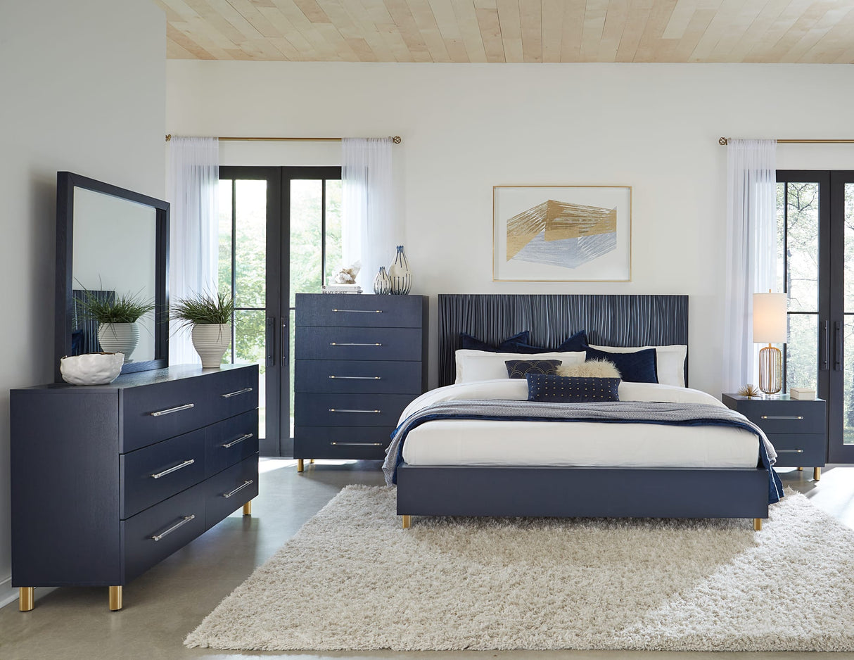 Argento Navy Blue/Burnished Brass Two Drawer USB Charging Nightstand by Modus Furniture at Eve Furniture