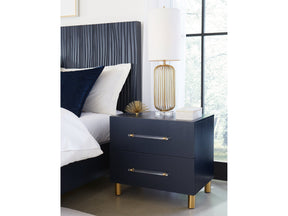 Argento Navy Blue/Burnished Brass Two Drawer USB Charging Nightstand by Modus Furniture at Eve Furniture