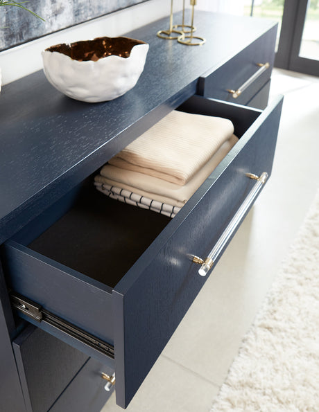 Argento Six Drawer Dresser in Navy Blue and Burnished Brass by Modus Furniture at Eve Furniture