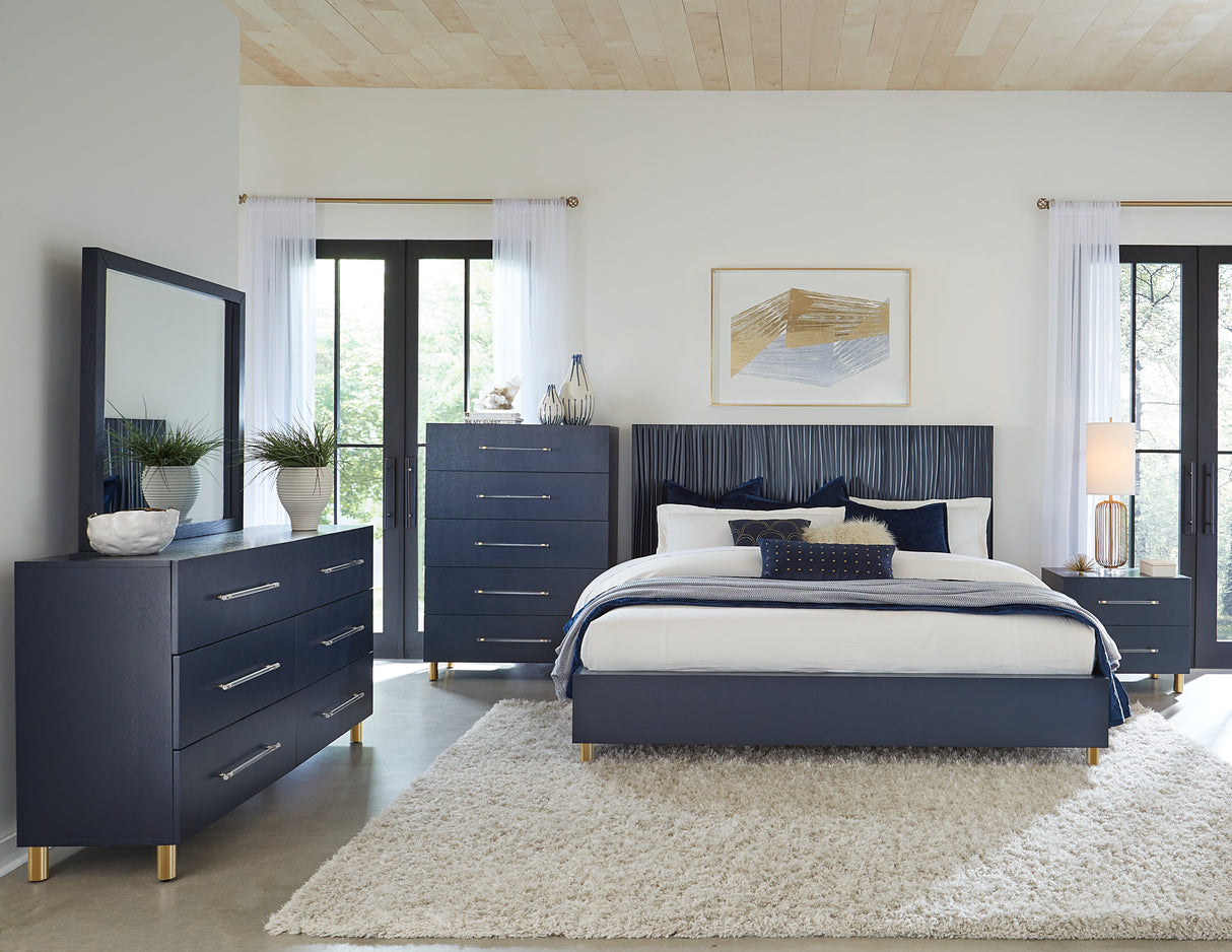 Argento Wave-Patterned Queen Bed in Navy Blue and Burnished Brass by Modus Furniture at Eve Furniture