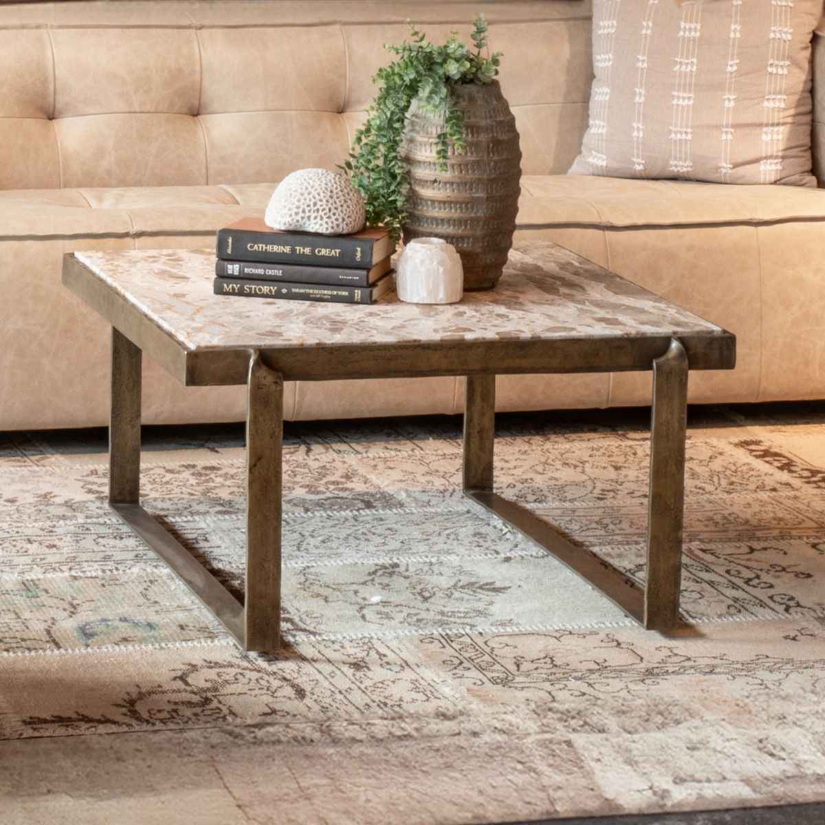 Argos 32" Coffee Table with Marble and Antique Brass by Home Trends & Design at Eve Furniture