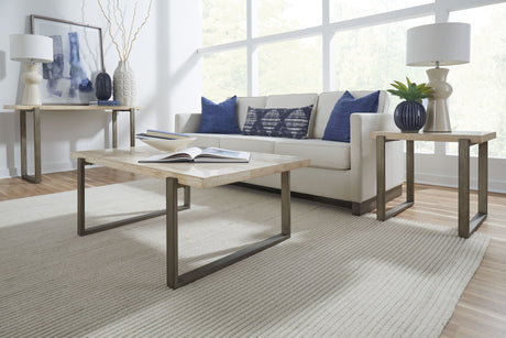 Ariela Natural Travertine Coffee Table with Bronze Metal Base by Modus Furniture at Eve Furniture