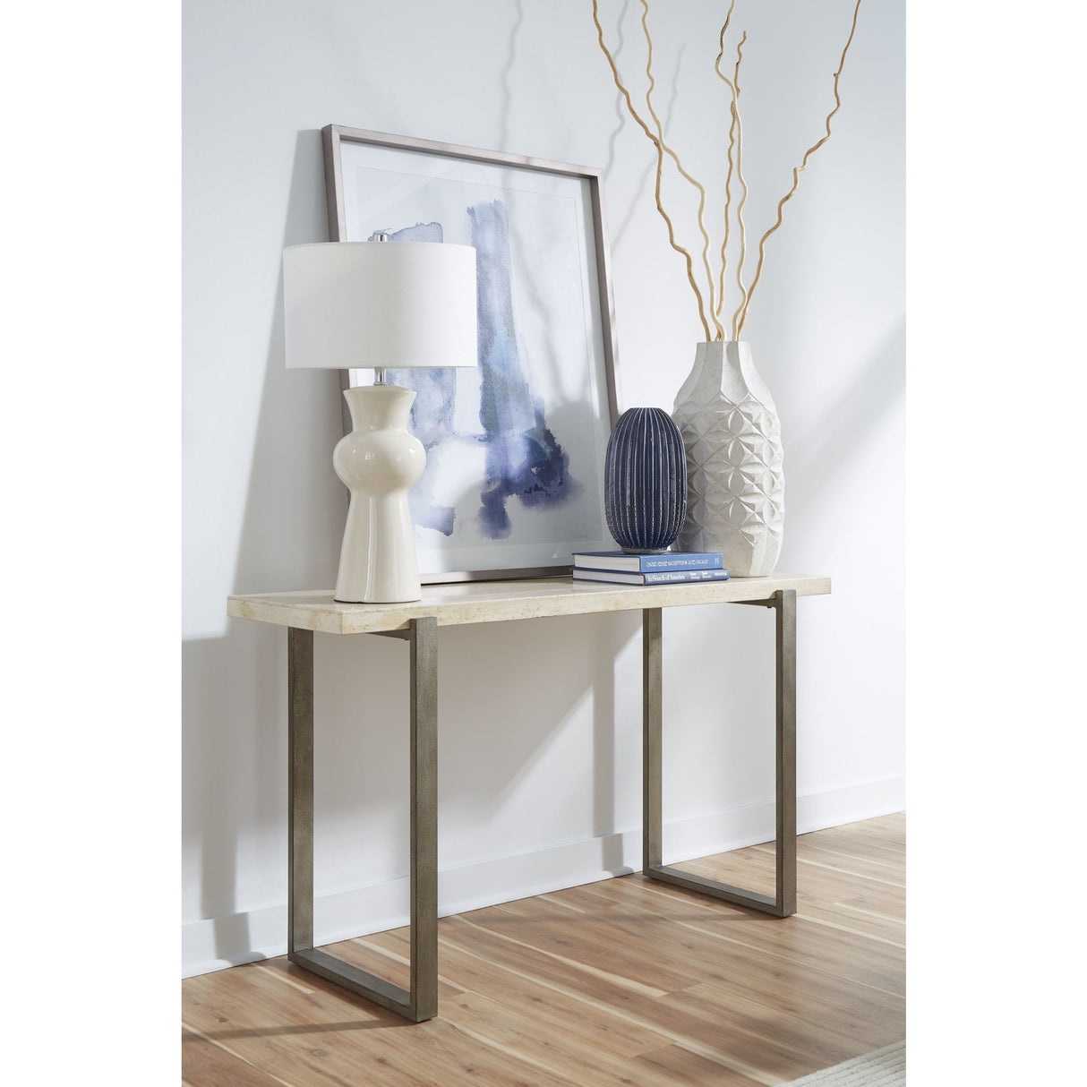 Ariela Natural Travertine Console Table with Bronze Metal Base by Modus Furniture at Eve Furniture
