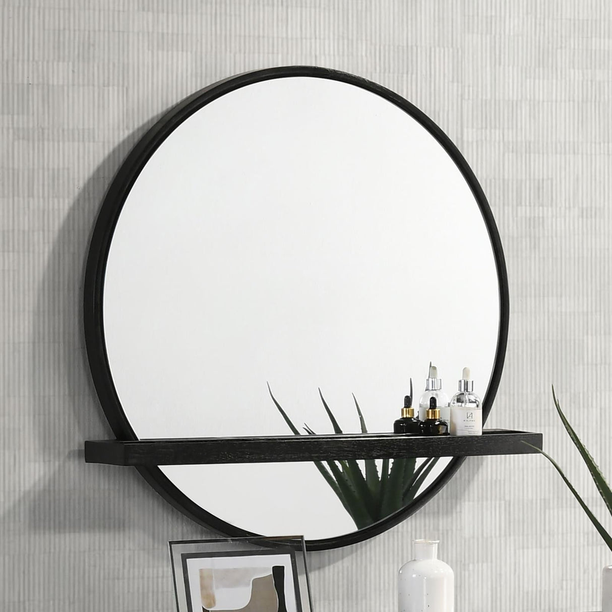 Arini Black Round Vanity Wall Mirror with Shelf