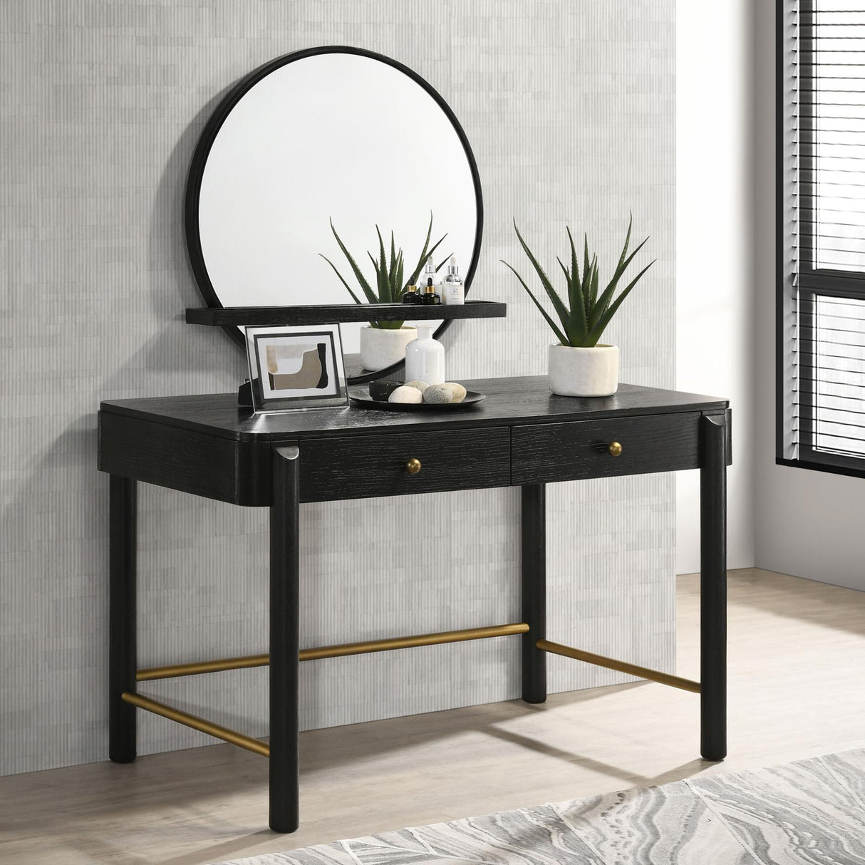 Arini Black Round Vanity Wall Mirror with Shelf