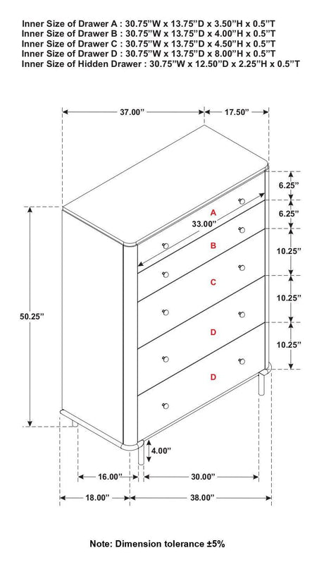 Arini Sand Wash 5-Drawer Chest by Coaster at Eve Furniture