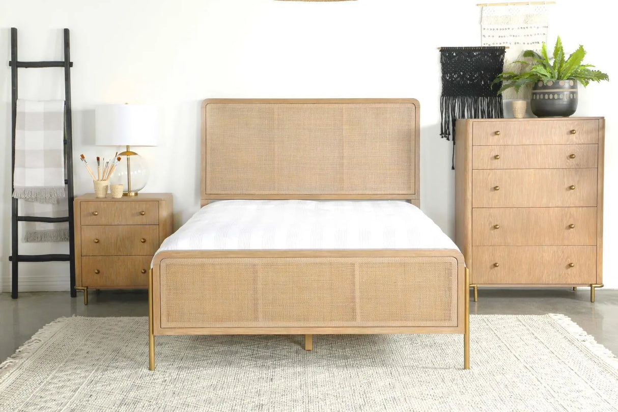 Arini Sand Wash and Natural Cane Upholstered Queen Panel Bed by Coaster at Eve Furniture