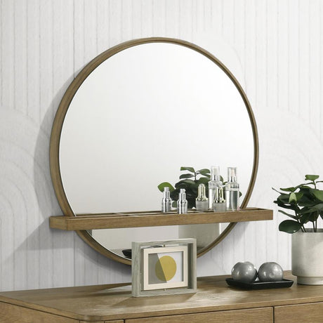 Arini Sand Wash Round Vanity Wall Mirror with Shelf by Coaster at Eve Furniture