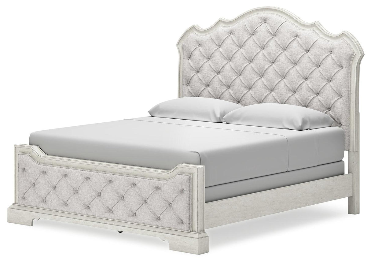 Arlendyne California King Upholstered Bed with Mirrored Dresser and 2 Nightstands in Antique White by Ashley at Eve Furniture