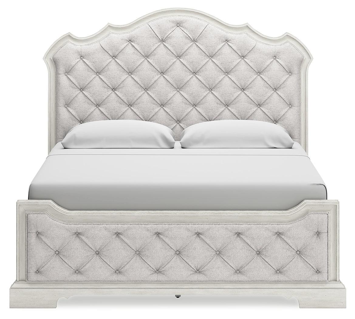 Arlendyne California King Upholstered Bed with Mirrored Dresser and 2 Nightstands in Antique White by Ashley at Eve Furniture