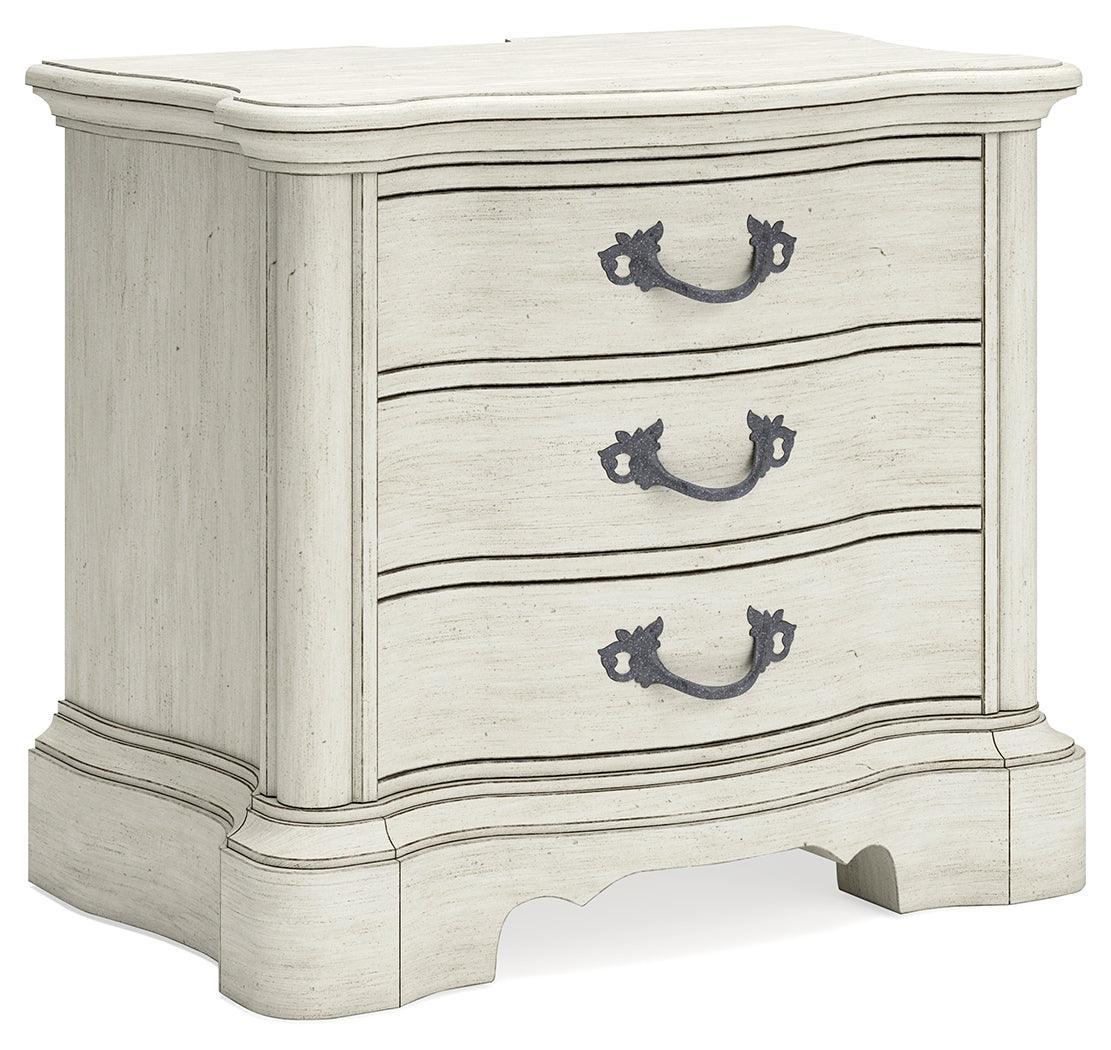 Arlendyne California King Upholstered Bed with Mirrored Dresser and 2 Nightstands in Antique White by Ashley at Eve Furniture