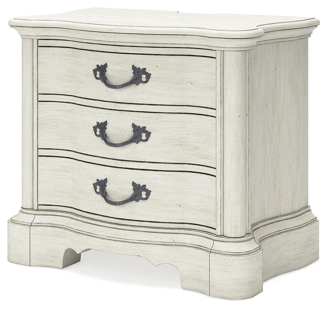 Arlendyne California King Upholstered Bed with Mirrored Dresser and 2 Nightstands in Antique White by Ashley at Eve Furniture