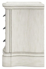 Arlendyne California King Upholstered Bed with Mirrored Dresser and 2 Nightstands in Antique White by Ashley at Eve Furniture
