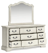 Arlendyne California King Upholstered Bed with Mirrored Dresser and 2 Nightstands in Antique White by Ashley at Eve Furniture